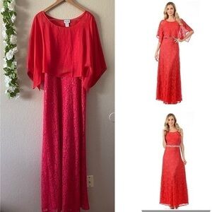 Women’s Plus Size Coral Red Chiffon Caplet Sequin Lace Formal Dress 2 Piece Set